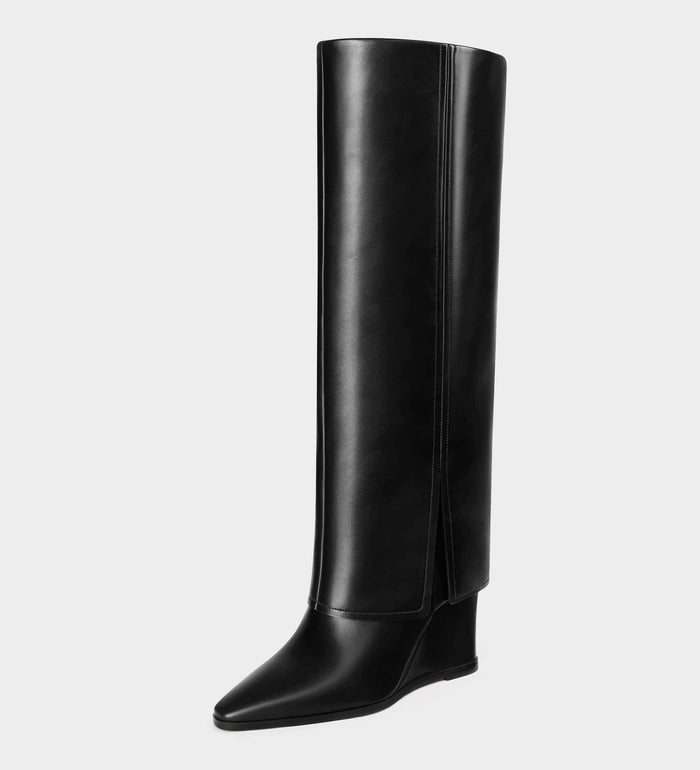 evander wide-calf fold-over cuffed knee high wedge dress boots