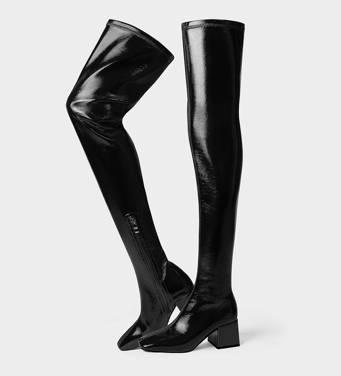 patent leather thigh high boots