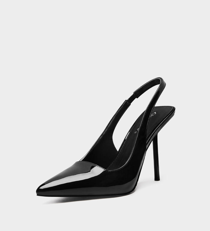 black pointed toe pump heel strap